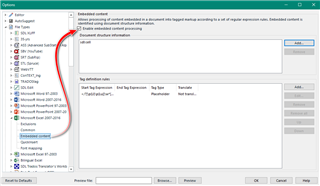 Trados Studio options menu with 'Embedded content' section highlighted, showing a disabled dropdown menu for 'sdl:cell' with no other selectable options.