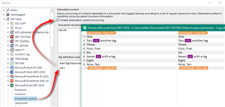 Trados Studio interface showing the 'Options' menu with 'File Types' expanded and 'Microsoft Excel 2007-2013' selected. A dialog box with 'Embedded content processor' settings is open, with 'Enable embedded content processing' checked.
