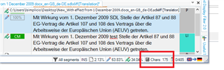 SDL Trados Studio interface showing an active segment with a character count display at the bottom right, highlighted in red box, reading 'Chars: 137145'.