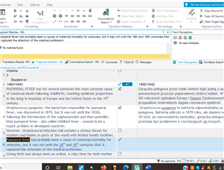 Trados Studio editor view with a segment containing 'puerperal fever' highlighted but no upLIFT fragment match suggestions displayed.