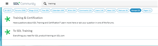 Screenshot of SDL Community webpage with a search bar at the top, showing 'Training & Certification' group selected and a post by Andre S. M. Pires moved to this group.