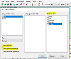 Screenshot of Trados Studio's TMX Export Options window with languages to export EN and DE selected, TU-level data options like Tag, CreDate, and CreUser unchecked, and options to Export notes and Export empty segments also unchecked.