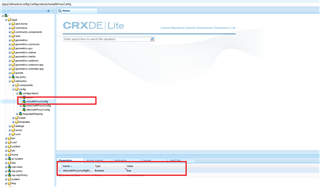 CRXDE Lite interface showing the selection of noAuthProxyConfig node with its value set to true in the sdlmantrasdlws directory.