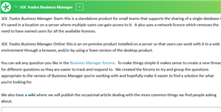Screenshot of SDL Trados Business Manager page, highlighting the availability of a standalone product and network license, with a mention of a wiki reference on the business manager community start page.