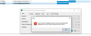 Error message in Trados Studio stating 'Can't connect to database. Please check if provided tenant, application key, user name and password are correct.'