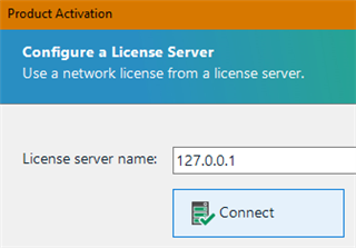 Trados Studio Product Activation screen showing an option to Configure a License Server with a field for License server name set to 127.0.0.1 and a Connect button.