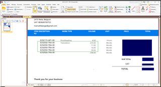 Screenshot of Trados Studio showing a detailed project invoice with individual line items for translation work, including description, volume, unit, price, and total.
