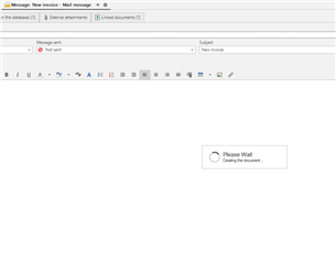 Trados Studio screenshot showing an email composition window with a 'Please Wait' message overlay, indicating a delay or error in sending.