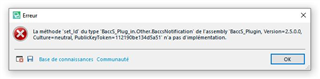 Error message dialog box from Trados Studio indicating 'The method 'set_Id' of type 'TradosPlugin...' is not implemented.'