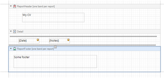 Template designer interface showing a report layout with a report header labeled 'My CV', a detail band with data fields, and a report footer labeled 'Some footer'.