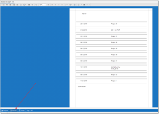 Preview of a report with a blue background and multiple entries listed under 'My CV' header, with a red arrow indicating an issue at the bottom of the page.