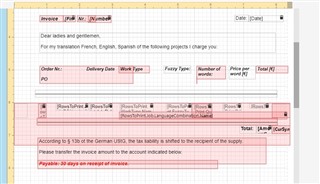 Invoice template in Trados Studio with fields for date, address, and transaction details, highlighted in pink indicating missing or incorrect information.