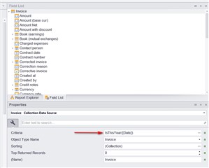 Trados Studio screenshot showing the 'Field List' with various invoice-related fields and the 'Properties' panel with 'Criteria' set to 'IsThisYear(Date)' to filter invoices issued this year.