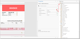 Screenshot of Trados Studio displaying the Report print options in the Properties panel with a Field list panel on the right, highlighting the option to control the number of invoices shown in the Preview window.