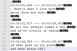 Screenshot of Trados Studio showing segmented subtitle text with time codes and paragraph markers.