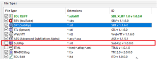 Trados Studio File Types window showing a list of file types with extensions and IDs. The SRT SubRip file type version 1.1.6.0 is highlighted, and an older version, SubRip 1.0.0.0, is outlined in red indicating it should be unchecked.
