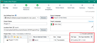 Trados Studio 'Create a New Project' window showing 'File Type' as 'SRT Subtitling' with version 1.1.5.19 highlighted in red.
