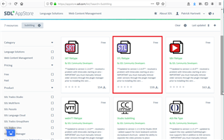 SDL AppStore webpage displaying a list of subtitling filetypes including SRT, STL, and others, with the SRT filetype highlighted.