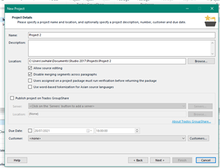 Trados Studio New Project window with 'Allow source editing' option checked under Project Settings.