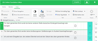 Screenshot of SDL Online Translation Editor with 'Show Navigation' and 'Show Formatting Tags' options enabled, displaying text segments for translation.