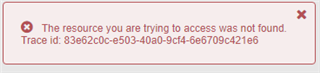 Error message in Trados Studio stating 'The resource you are trying to access was not found' with a trace ID provided.