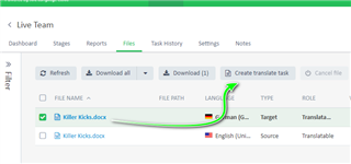 Trados Studio Files view under Live Team dashboard with a cursor hovering over the 'Create Translate Task' button for the file 'Killer Kicks.docx'.