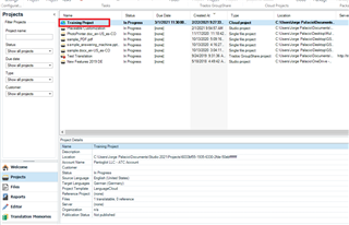 Screenshot of Trados Studio showing the Projects view with a list of projects. One project named 'Training Project' is highlighted in red indicating an error or warning.