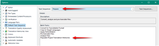Screenshot of Trados Studio options menu with a red arrow pointing to an empty 'Project' field and another arrow pointing to 'Analyze Files' option.
