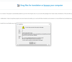 Screenshot of Trados 2021 Studio with an error dialog box. The error message reads 'An error was found in the script on this page.' with details and options to continue running scripts on the page.