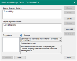 Verification Message Details window in Trados Studio displaying an inconsistency error with options to change, ignore, or restore the translation.