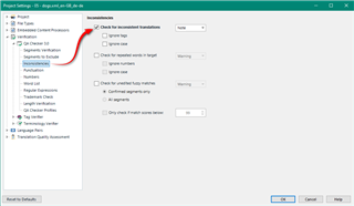 Trados Studio project settings window with 'Check for inconsistent translations' option highlighted and checked.