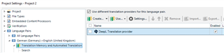 Screenshot of Studio Developers Q&A project settings showing a selected DeepL Translator provider for the language pair German to English.