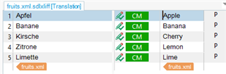 Screenshot of 'fruits.xml' file in Studio Developers Q&A with source language German and target language English, showing translated words with CM tag indicating confirmed matches.