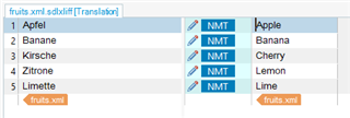 Screenshot of 'fruits.xml' file in Studio Developers Q&A with source language German and target language English, showing untranslated words with NMT tag.