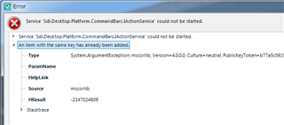 Error message in Trados Studio stating 'Service 'Sdl.Desktop.Platform.Commands.IActionService' could not be started. An item with the same key has already been added.' with details of the error below.