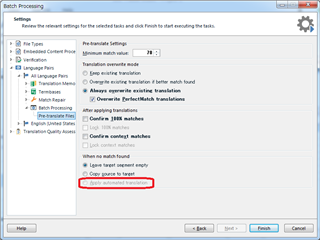 Trados Studio settings window with 'Apply automated translation' option in Pre-translate Files settings highlighted and inactivated.