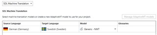 Screenshot of Trados Studio showing SDL Machine Translation options with Source Language set to German (Germany) and Target Language set to Swedish (Sweden). The Model column shows 'Generic - NMT' with no Add glossaries option, only a Glossaries button that appears inactive.