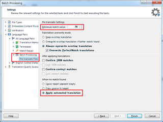 Screenshot of Trados Studio's Batch Processing settings with 'Minimum match value' set to 76 and 'Apply automated translation' checked, no other options selected.