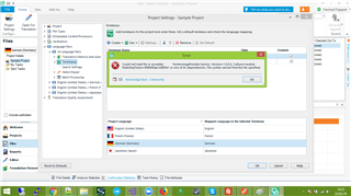 Error message in Trados Studio project settings showing 'TerminologyProvider.Service.dll file not found exception'.