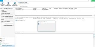 Trados Studio interface with a custom ribbon and view parts controls. A modal dialog box labeled 'Display Background Progress' with a spinning progress indicator is centered on the screen, indicating a background process is running.