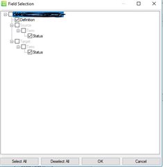 Screenshot of a Field Selection dialog box with checkboxes for Definition and Status fields, indicating a configuration interface.