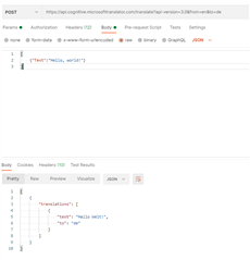 Screenshot of Postman interface showing a successful API call to Azure MT with a JSON response body containing the text 'Hello, world!'