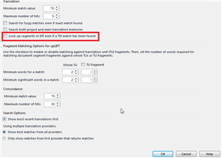 Screenshot of Studio Developers Q&A settings with a highlighted warning: 'Search for matches even if a TM match has been found'.