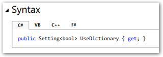 Screenshot showing the syntax for the UseDictionary property in C#, VB, C++, and F# languages, indicating it is a read-only property with only 'get' available.