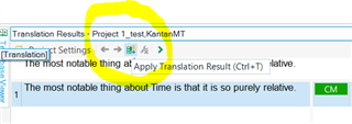 Screenshot of Studio Developers Q&A interface highlighting the 'Apply Translation Result (Ctrl + T)' button in the Translation Results toolbar.