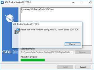 Screenshot of SDL Trados Studio 2017 SDK installation window with a progress bar, showing the message 'Please wait while Windows configures SDL Trados Studio 2017 SDK'. A 'Cancel' button is visible.