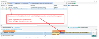 Screenshot of SDL Trados Studio interface showing the Comment Window with a list of comments. A red box highlights a selected comment and red arrows point to the corresponding text in the segment editor, indicating the feature to select and highlight text.