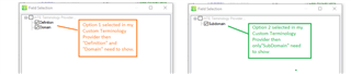 Screenshot of Trados Studio with an orange box highlighting 'Option 1 selected in my Custom Terminology Provider then 'Definition' and 'Domain' need to show.'