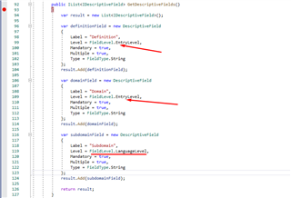 Screenshot of Trados Studio code snippet showing the GetDescriptiveFields() method with 'Definition' and 'Domain' checked as Entry level.