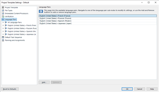 Trados Studio Project Template Settings showing multiple language pairs including English to Japanese and others from previous projects.